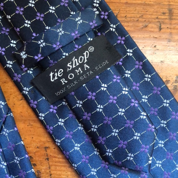 TIE SHOP ROMA SETA SEIDE Mens Tie Made in Italy 100% Silk Blue Square Flower - Picture 10 of 11